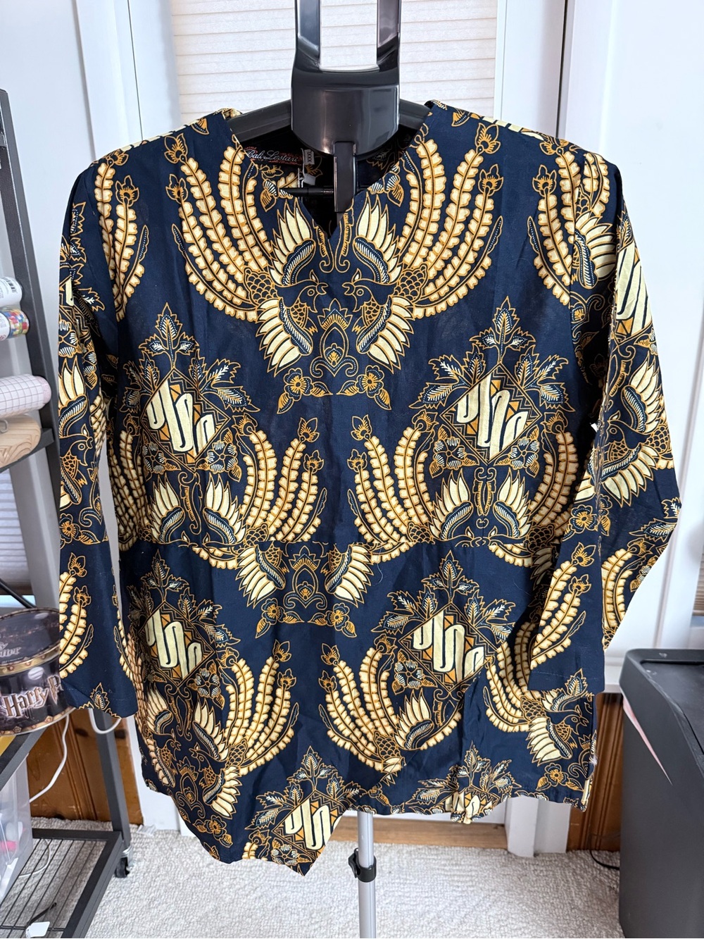 Indonesian Batik Keris shirt Navy mustard & cream phoenix 3/4 sleeve NWT XXXL